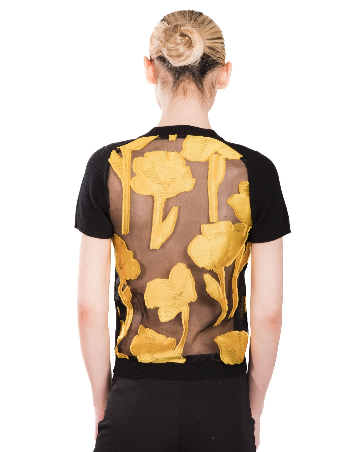 XS BLACK CREW NECK SHORT SLEEVE CASHMERE SWEATER WITH YELLOW DAMASK AFRICAN POPPIES ON BLACK SILK ORGANZA BACK WITH BLACK SILK ORGANZA LINING