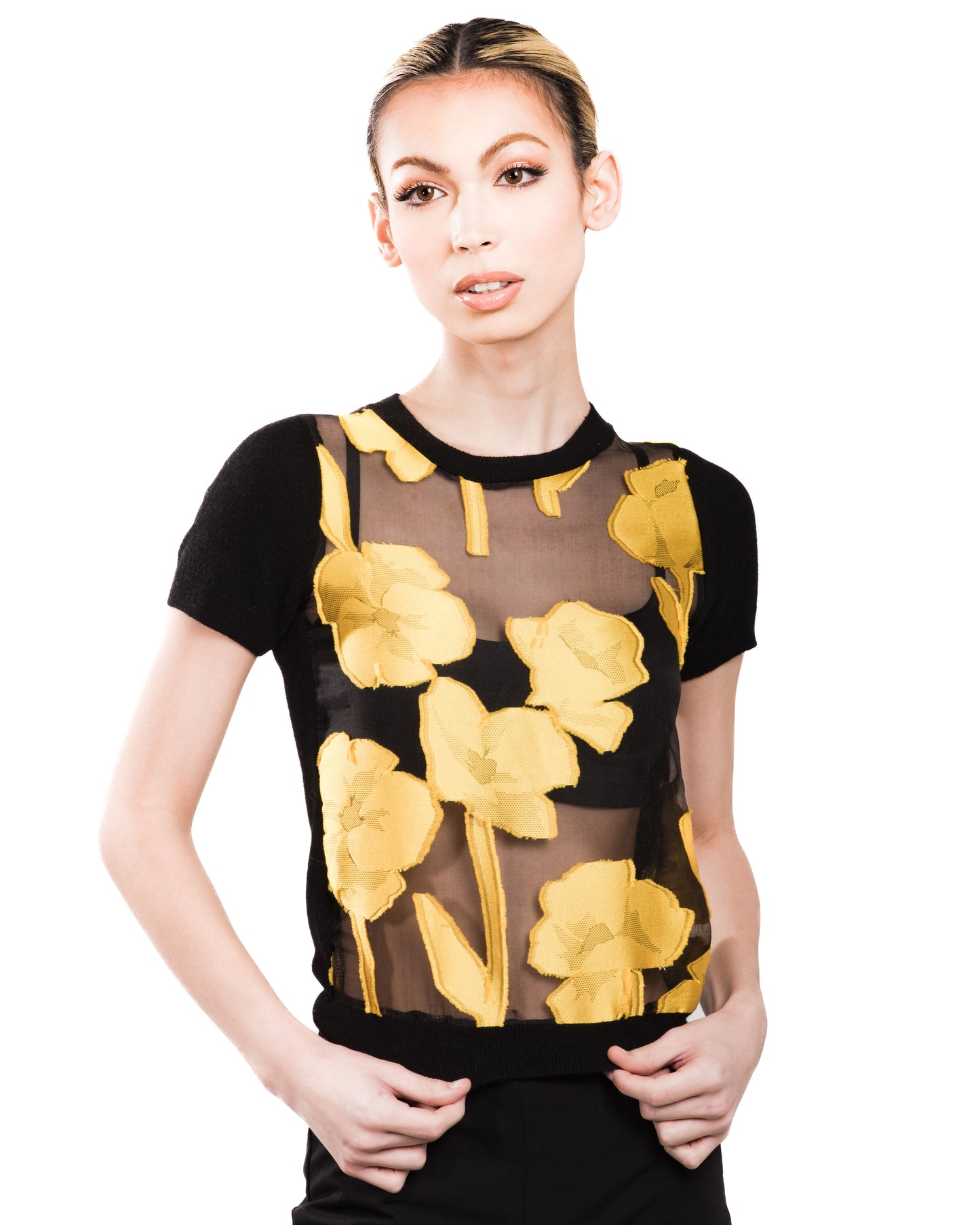 XS BLACK CREW NECK SHORT SLEEVE CASHMERE SWEATER WITH YELLOW DAMASK AFRICAN POPPIES ON BLACK SILK ORGANZA FRONT WITH BLACK SILK ORGANZA LINING