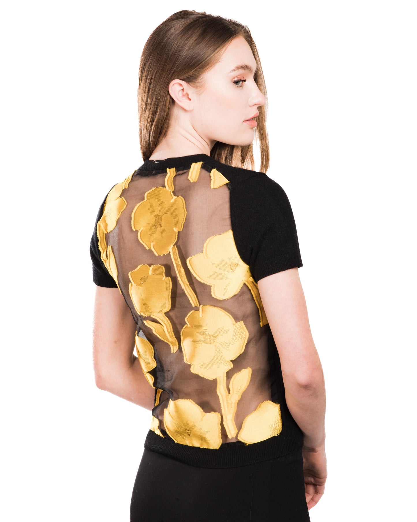 SMALL BLACK CREW NECK SHORT SLEEVE CASHMERE SWEATER WITH YELLOW DAMASK AFRICAN POPPIES ON BLACK SILK ORGANZA BACK WITH BLACK SILK ORGANZA LINING