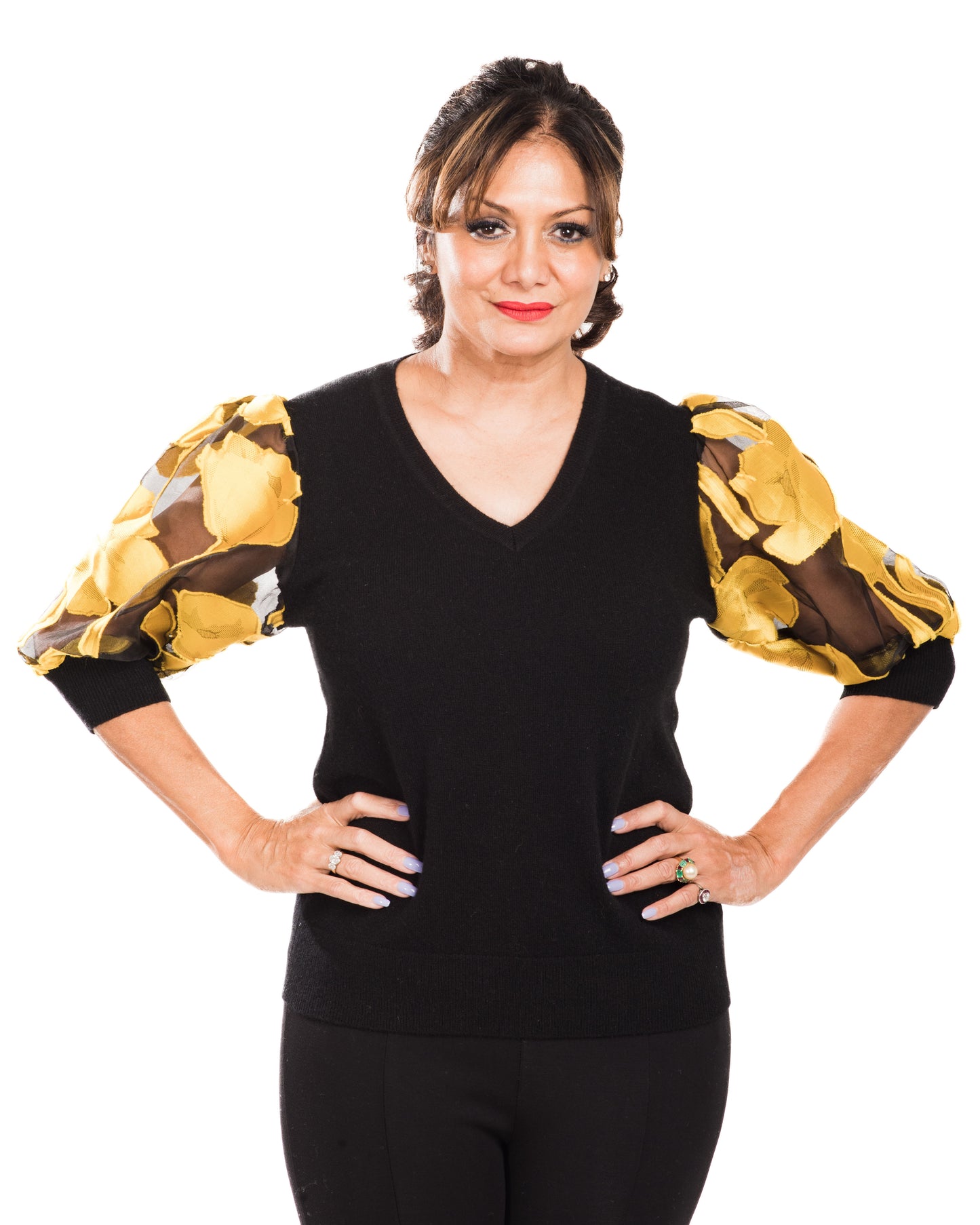 MEDIUM BLACK V-NECK CASHMERE SWEATER WITH 3/4 PUFF SLEEVE OF YELLOW DAMASK AFRICAN POPPIES ON BLACK SILK ORGANZA