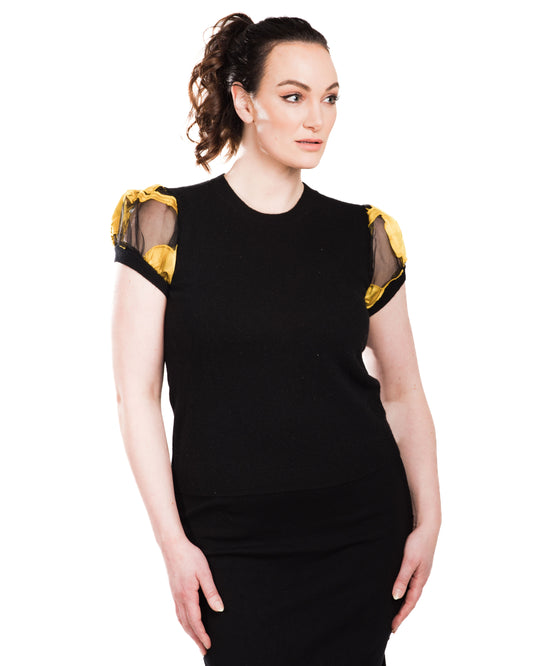 MEDIUM BLACK CREW NECK CASHMERE SWEATER WITH SHORT PUFF SLEEVE OF YELLOW DAMASK AFRICAN POPPIES ON BLACK SILK ORGANZA