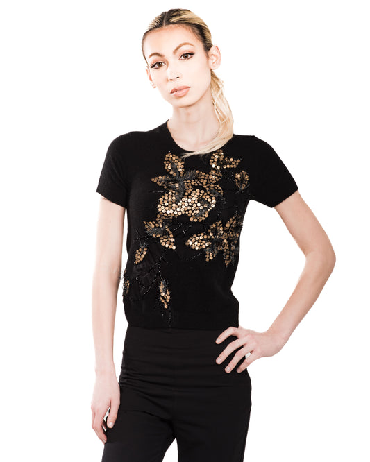 XS BLACK CREW NECK SHORT SLEEVE CASHMERE SWEATER WITH ANTIQUE GOLD SEQUIN EMBROIDERED FLOWERS AND LEAVES WITH JET BEADING AND SILK ORGANZA BACK