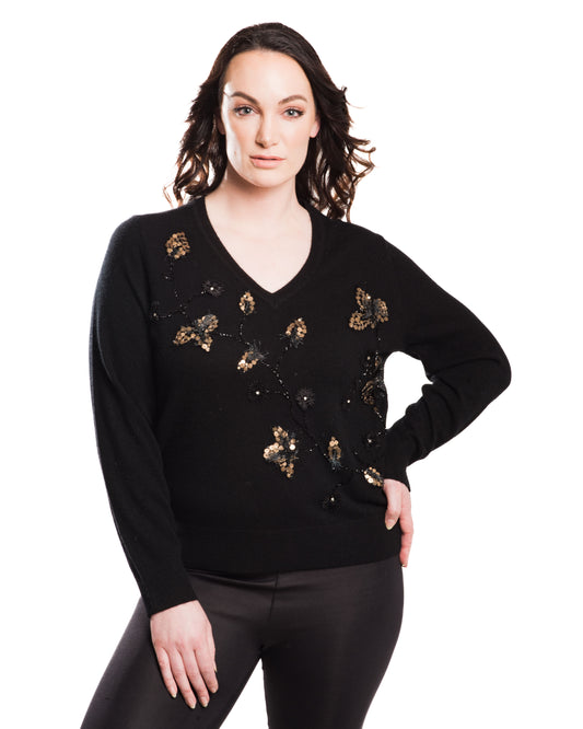 XL BLACK V-NECK LONG SLEEVE CASHMERE SWEATER WITH ANTIQUE GOLD SEQUIN EMBROIDERED FLOWERS AND LEAVES WITH JET BEADING AND SILK ORGANZA BACK