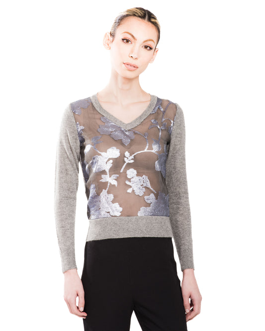 XS GREY V-NECK LONG SLEEVE CASHMERE SWEATER WITH SPRING LAVENDER PLATINUM JACQUARD FLORAL ON CLOUDY DAY SILK ORGANZA LINED WITH GREY SILK ORGANZA