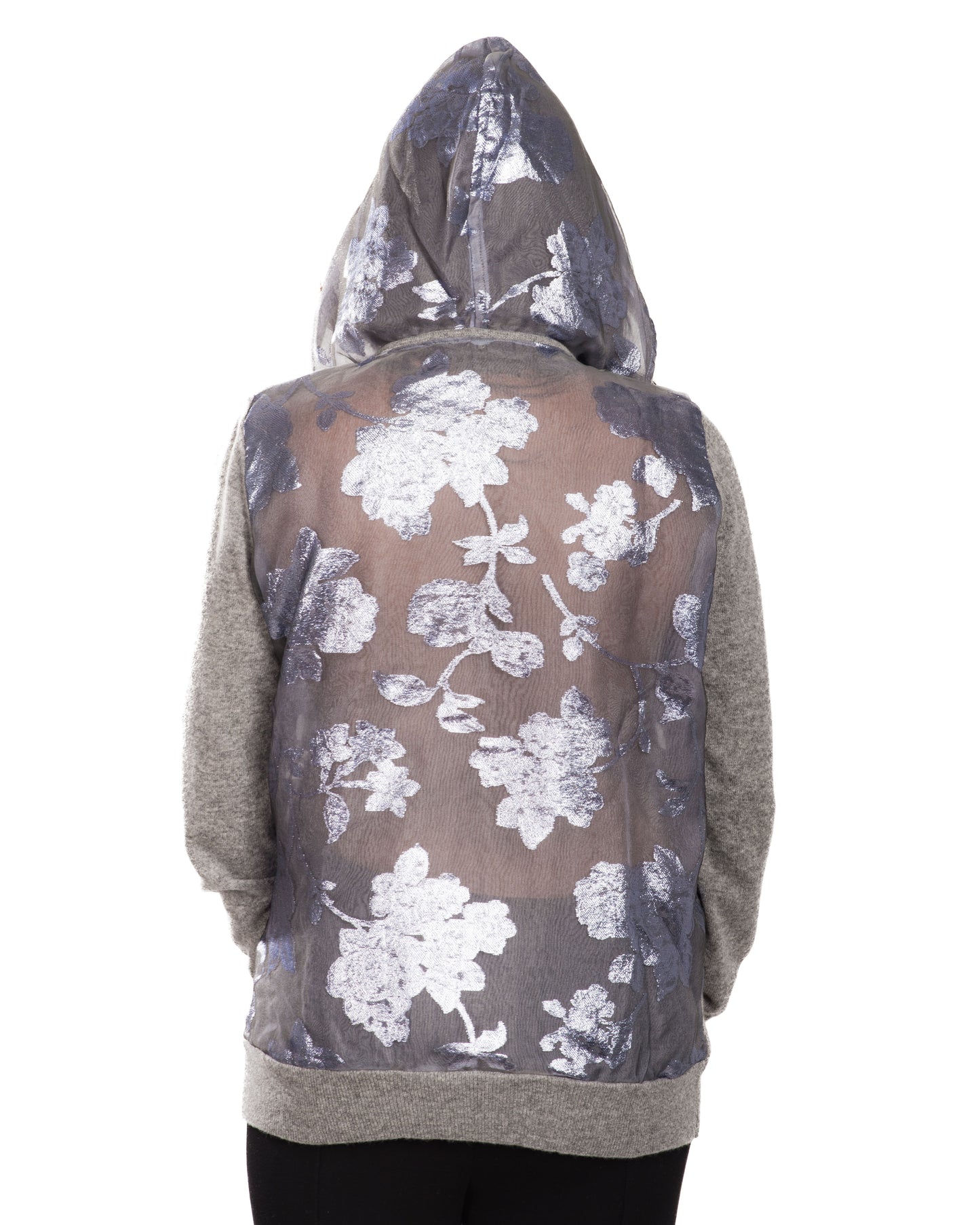 LARGE GREY LONG SLEEVE CASHMERE HOODIE WITH SPRING LAVENDER PLATINUM JACQUARD FLORAL ON CLOUDY DAY SILK ORGANZA BACK AND HOOD DETAIL WITH CLOUDY DAY SILK ORGANZA LINING