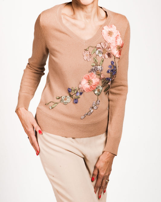 SMALL NUDE LONG SLEEVE V-NECK CASHMERE SWEATER WITH SILK PEACH FLORAL FRONT APLIQUE & NUDE SILK ORGANZA BACK