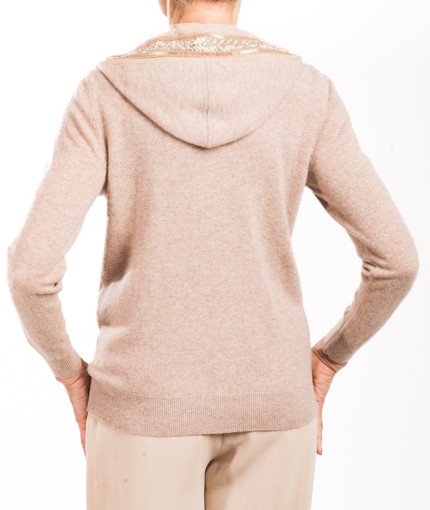 SMALL SAND COLORED LONG SLEEVE CASHMERE HOODIE EMBROIDERED WITH BYZANTINE ANTIQUE BEADED TRIM