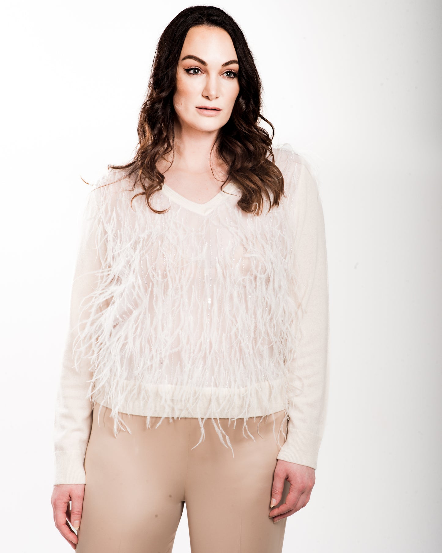 XL IVORY V-NECK LONG SLEEVE CASHMERE SWEATER WITH WHITE FEATHER AND CRYSTAL BEAD FRONT LINED WITH WHITE SILK ORGANZA
