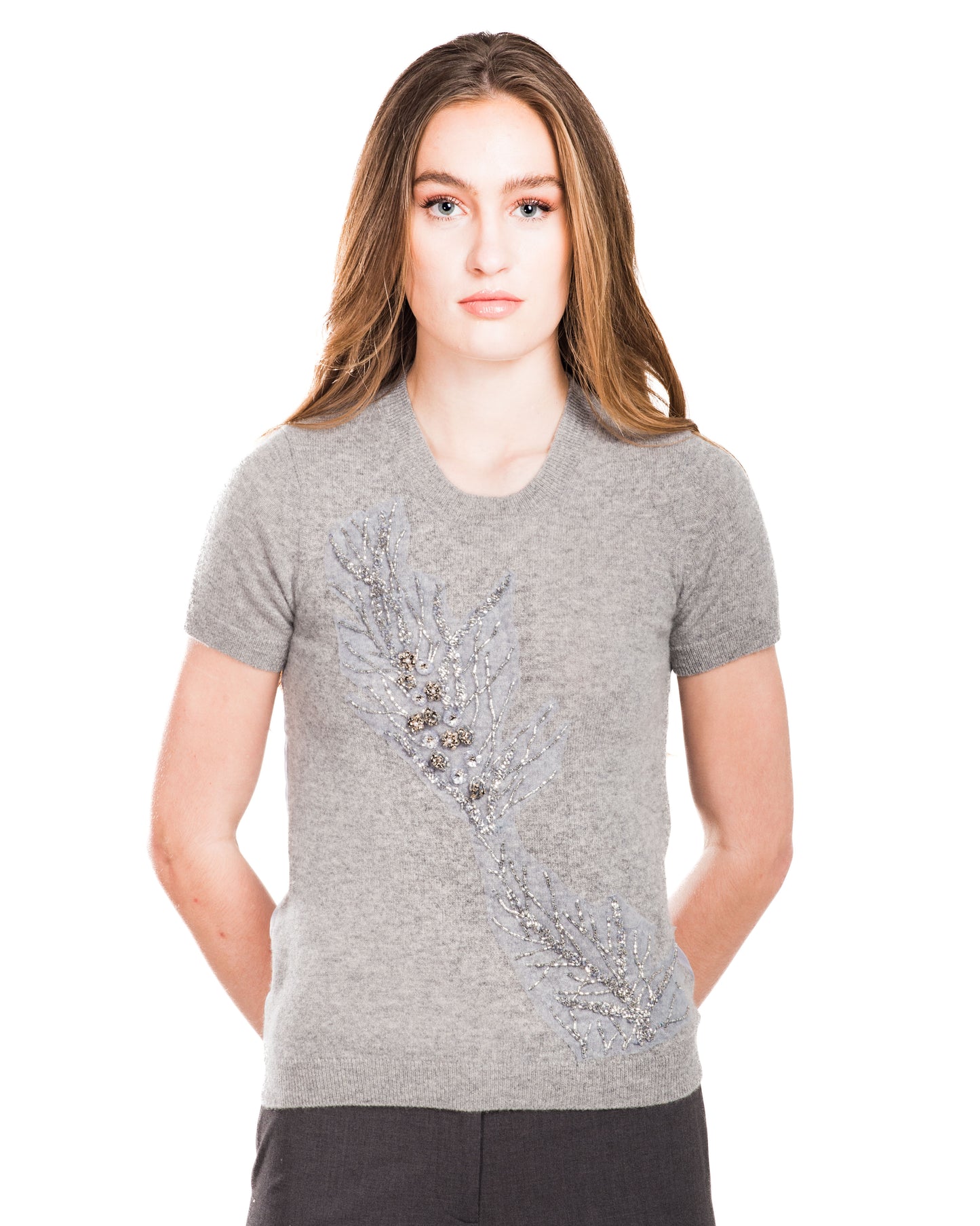 XS GREY CREW NECK SHORT SLEEVE CASHMERE SWEATER WITH EMBROIDERED SILVER SEQUINS AND CRYSTAL BEADED BRANCHES WITH SMOKEY GREY ORGANZA BACK
