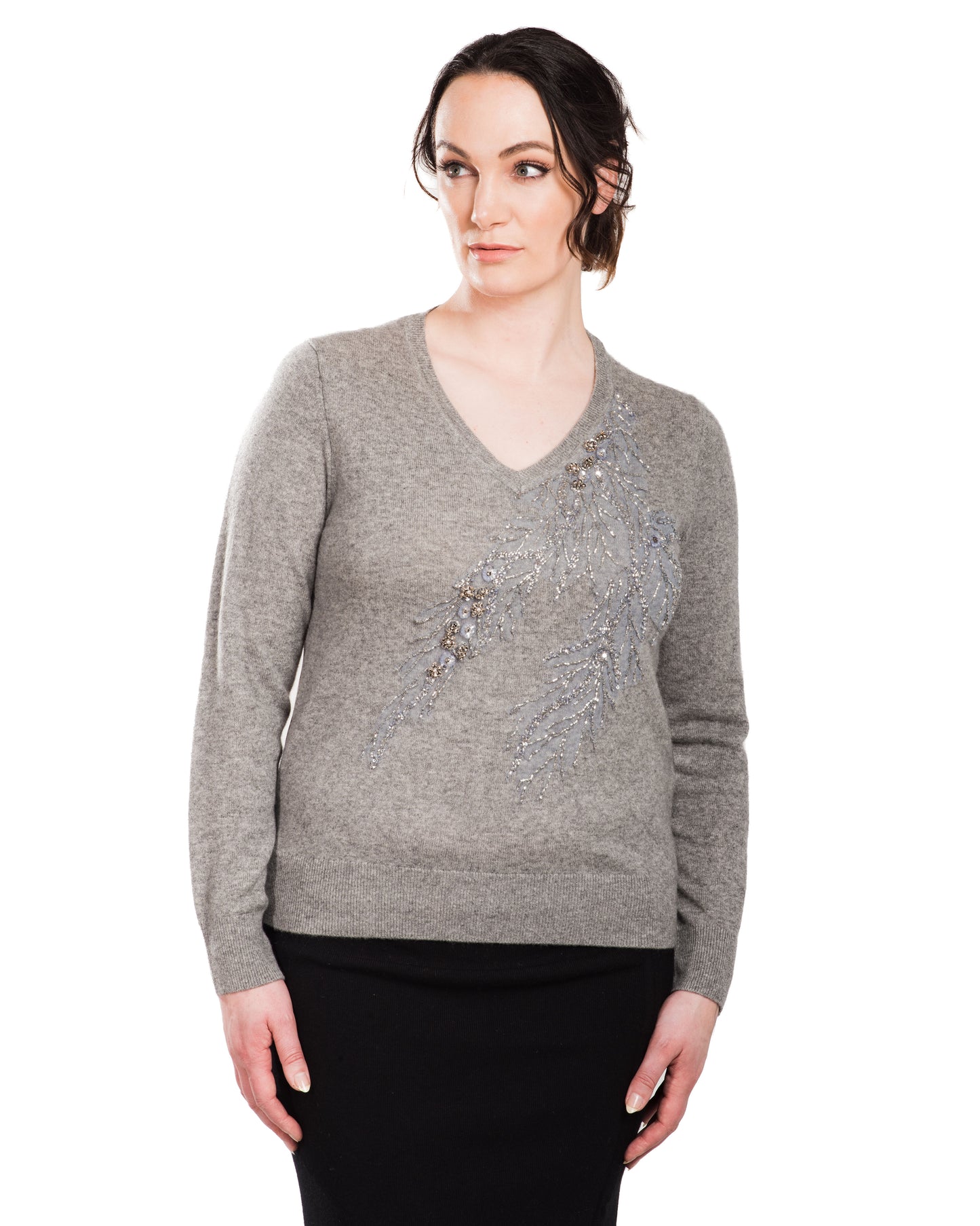 LARGE GREY V-NECK LONG SLEEVE SWEATER WITH EMBROIDERED SILVER SEQUINS AND CRYSTAL BEADED BRANCHES WITH SMOKEY GREY SILK ORGANZA BACK
