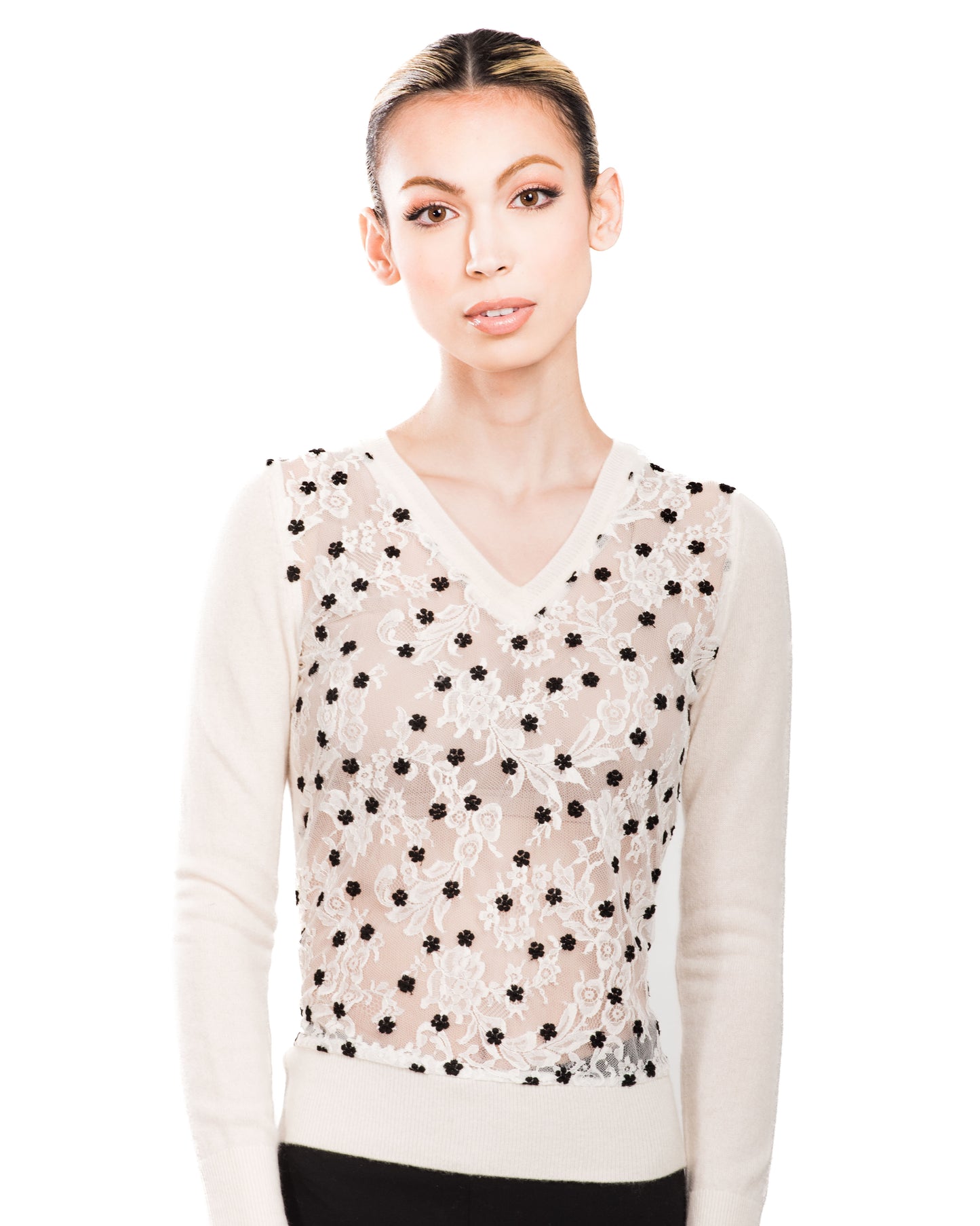 XS WHITE V-NECK LONG SLEEVE CASHMERE SWEATER WITH VINTAGE WHITE ITALIAN LACE AND 3D BLACK FLOWERS LINED IN WHITE TULLE