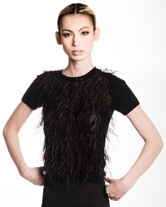 XS BLACK SHORT SLEEVE CREW NECK CASHMERE SWEATER WITH BLACK TULLE FRONT ADORNED WITH BLACK FEATHERS AND JET BEADING LINED WITH BLACK SILK ORGANZA