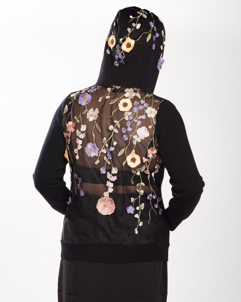 LARGE BLACK LONG SLEEVE CREW NECK CASHMERE HOODIE WITH FIESTA COLORED MULTI-FLORAL VINES SILK EMBROIDERED TULLE BACK WITH SILK PEACH FLORAL HOOD APLIQUE