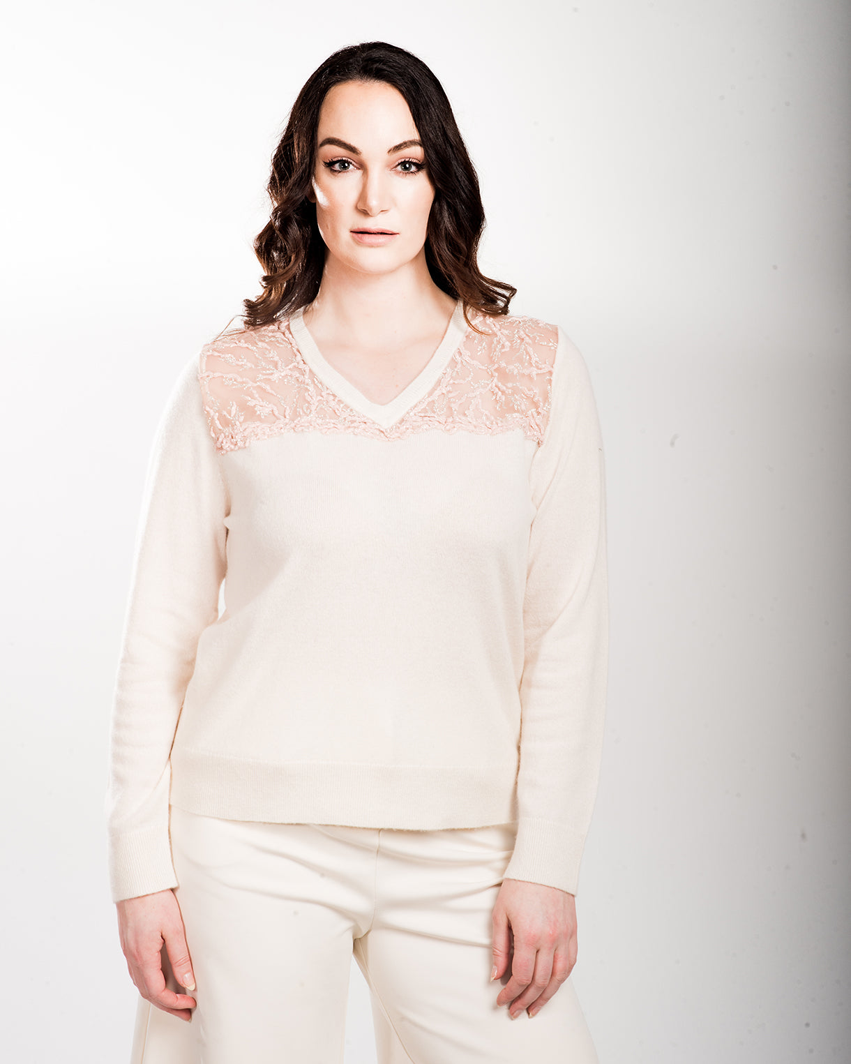 XL WHITE LONG SLEEVE V-NECK FRONT AND BACK PEEKABOO CASHMERE SWEATER WITH BLUSH COLORED CORAL AND ICY SPARKLE EMBROIDERY ON TULLE WITH TULLE LINING
