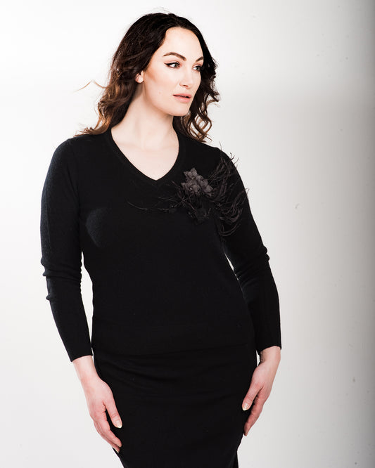 LARGE BLACK LONG SLEEVE V-NECK CASHMERE SWEATER WITH 3 3D BAKELITE FLORAL & FEATHER APLIQUE WITH BLACK SILK ORGANZA BACK
