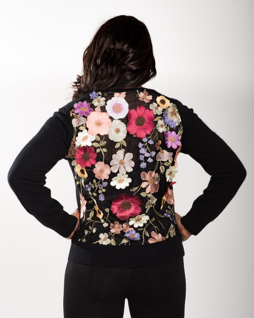 LARGE BLACK LONG SLEEVE V-NECK CASHMERE SWEATER WITH SILK RASPBERRY FLORAL FRONT APLIQUE & FIESTA COLORED MULTI-FLORAL SILK EMBROIDERED TULLE BACK