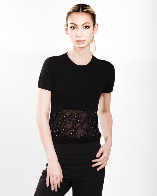 XS BLACK SHORT SLEEVE CREW NECK PEEKABOO WAISTED CASHMERE SWEATER WITH BLACK 3D FLOWERS, CRYSTALS AND JET BEADING ON BLACK TULLE WITH BLACK SILK ORGANZA LINING