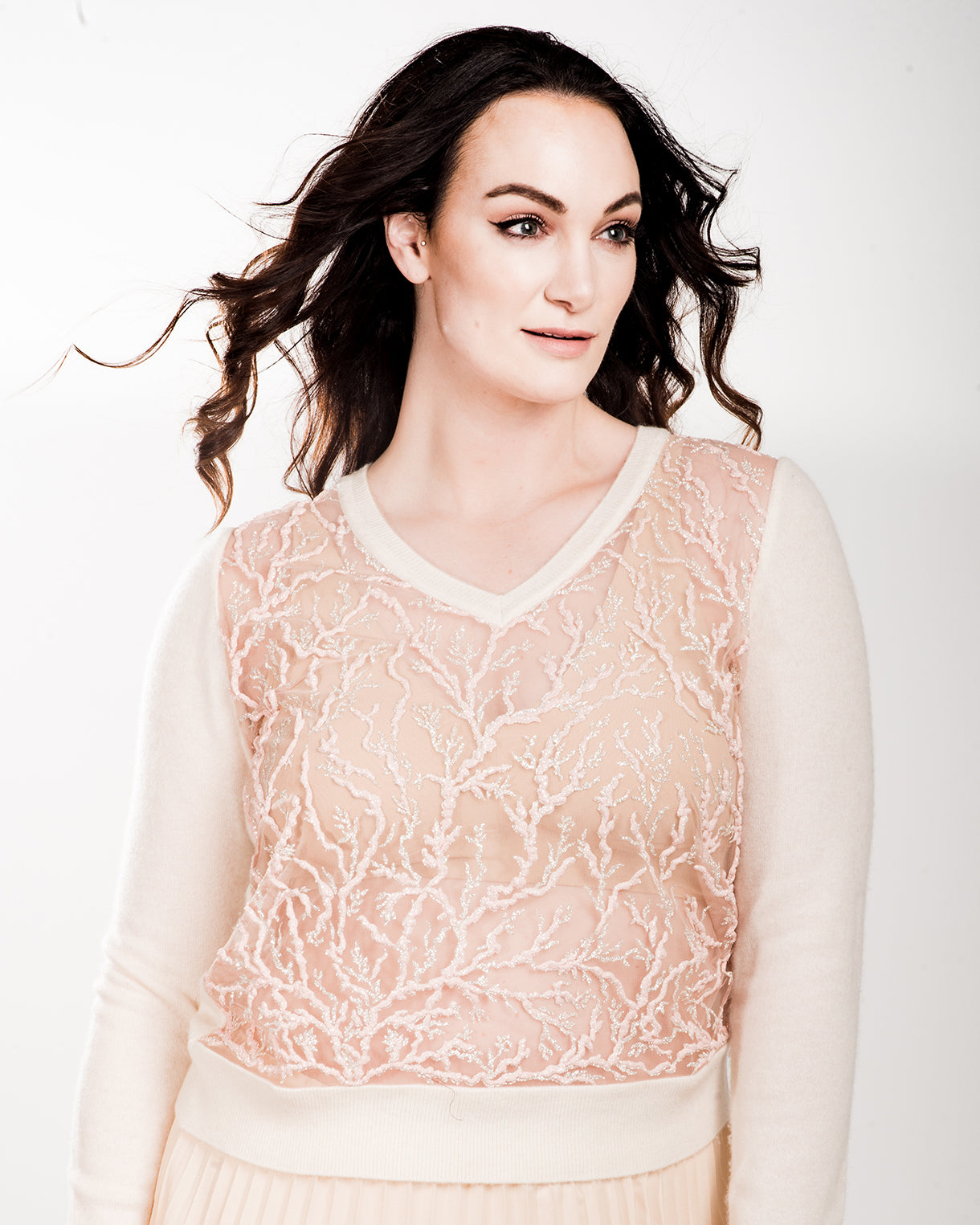 LARGE WHITE LONG SLEEVE V-NECK CASHMERE SWEATER WITH BLUSH COLORED CORAL AND ICY SPARKLE EMBROIDERED TULLE FRONT WITH TULLE LINING