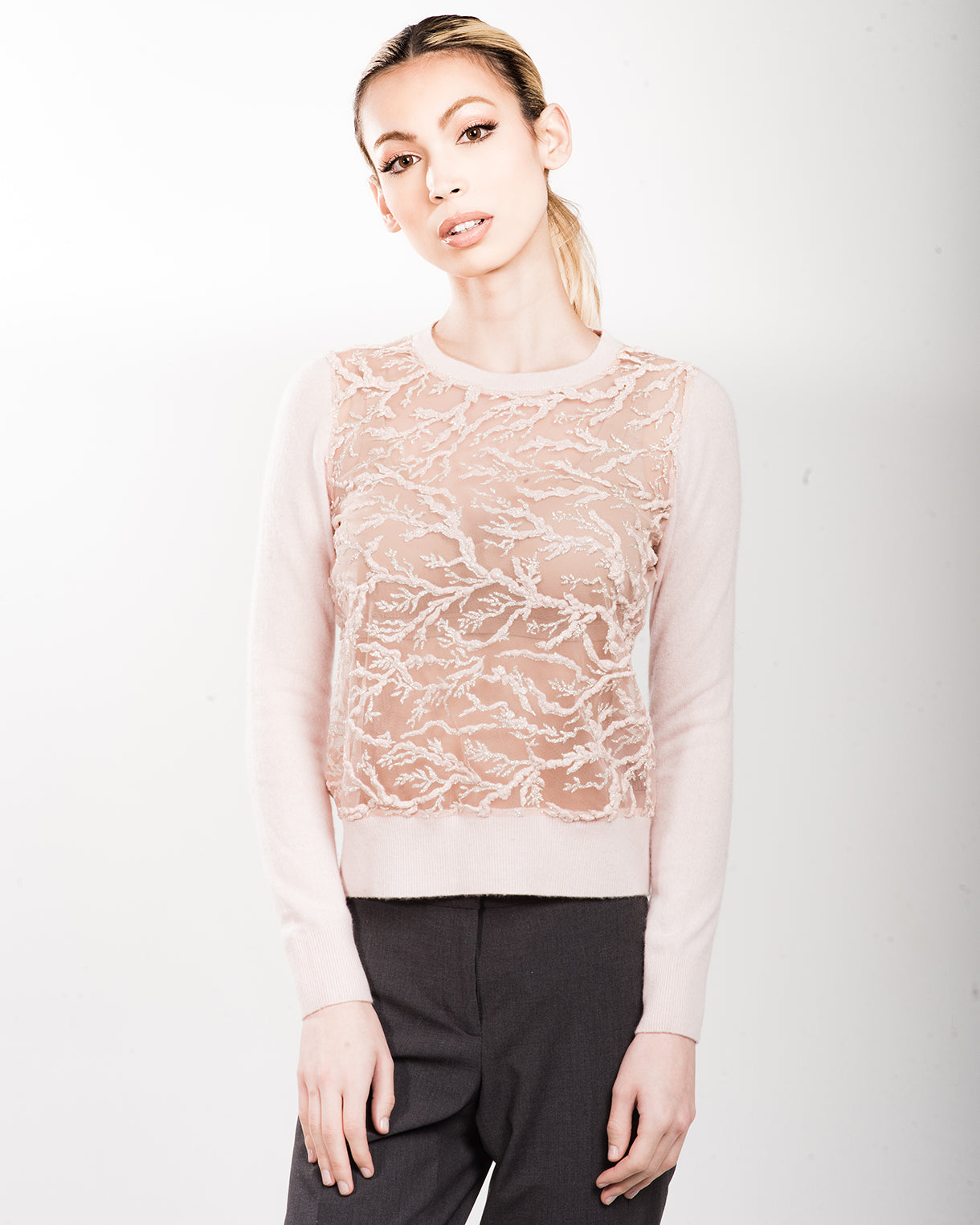 XS BLUSH LONG SLEEVE CREW NECK CASHMERE SWEATER WITH BLUSH COLORED CORAL AND ICY SPARKLE EMBROIDERED TULLE FRONT WITH TULLE LINING