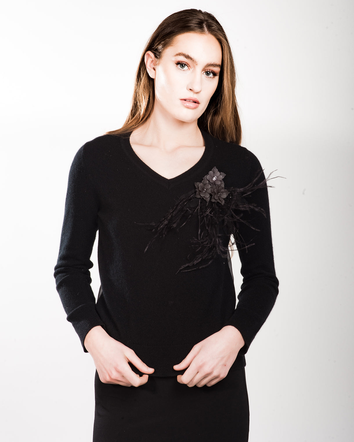 SMALL BLACK LONG SLEEVE V-NECK CASHMERE SWEATER WITH 3 3D BAKELITE FLORAL & FEATHER APLIQUE WITH BLACK SILK ORGANZA BACK