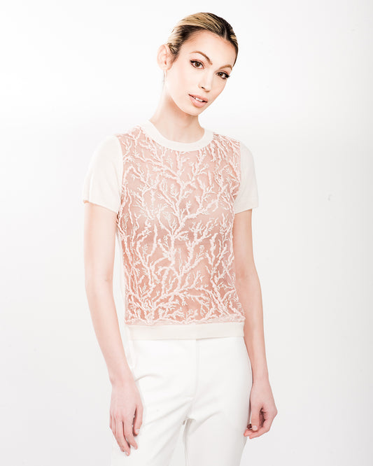 SMALL WHITE SHORT SLEEVE CREW NECK CASHMERE SWEATER WITH BLUSH COLORED CORAL AND ICY SPARKLE EMBROIDERED TULLE FRONT WITH TULLE LINING
