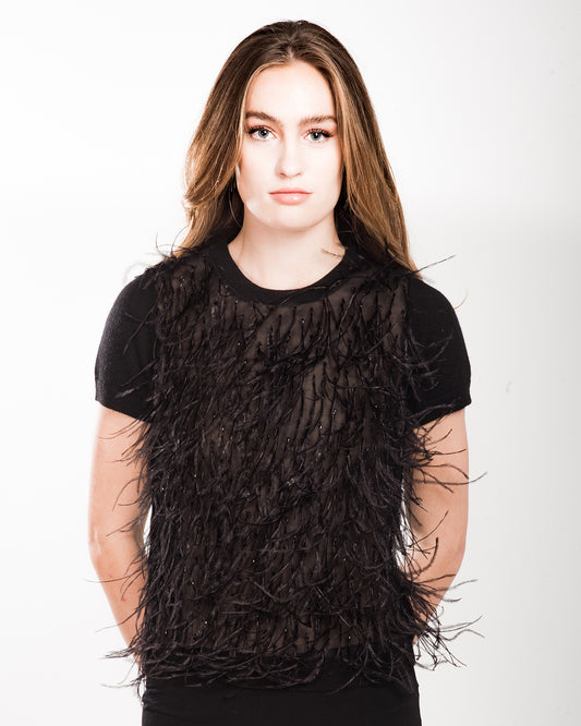 SMALL BLACK SHORT SLEEVE CREW NECK CASHMERE SWEATER WITH BLACK TULLE ADORNED WITH BLACK FEATHERS AND JET BEADING LINED WITH BLACK SILK ORGANZA