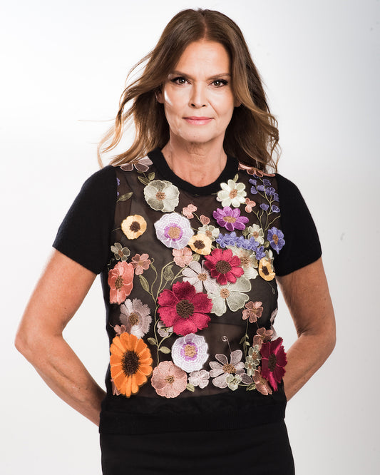 MEDIUM BLACK SHORT SLEEVE CREW NECK CASHMERE SWEATER WITH FIESTA COLORED MULTI-FLORAL SILK EMBROIDERED TULLE FRONT