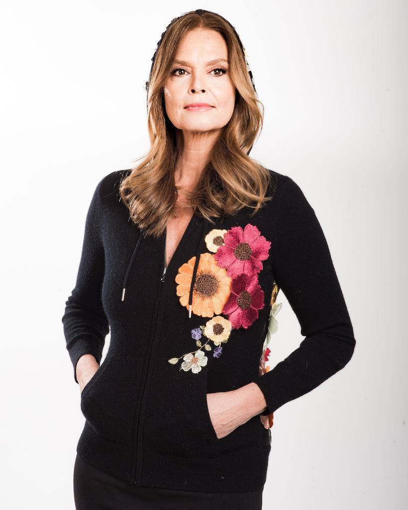MEDIUM BLACK LONG SLEEVE CASHMERE HOODIE WITH SILK RASPBERRY FLORAL FRONT APLIQUE, SILK VINE FLORAL HOOD APLIQUE & FIESTA COLORED MULTI-FLORAL SILK EMBROIDERED TULLE BACK