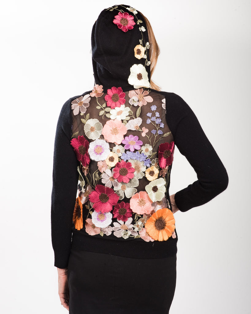MEDIUM BLACK LONG SLEEVE CASHMERE HOODIE WITH SILK RASPBERRY FRONT APLIQUE, HOOD VINE FLORAL APLIQUE & FIESTA MULTI-FLORAL EMBROIDERED TULLE BACK