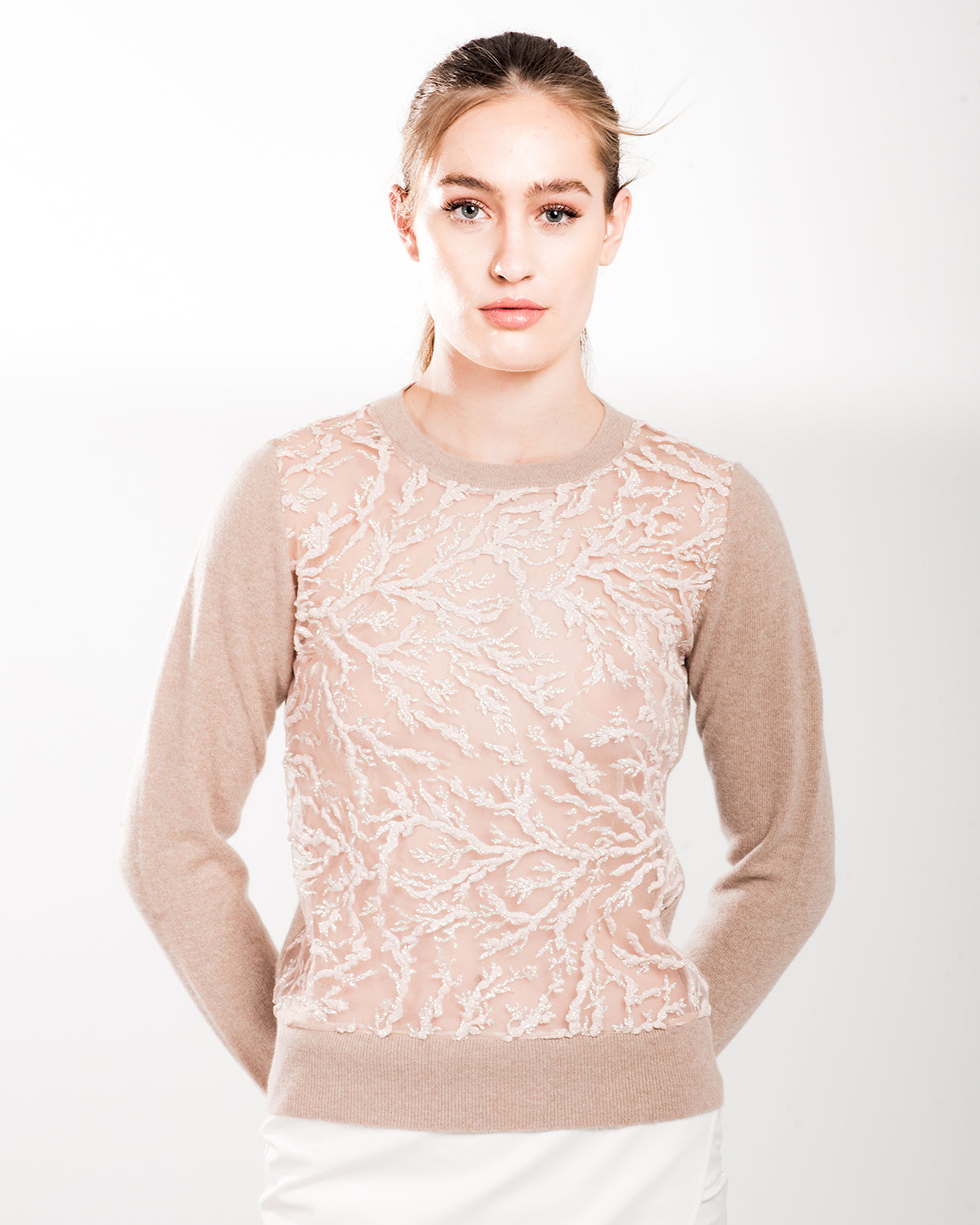 SMALL OATMEAL LONG SLEEVE CREW NECK CASHMERE SWEATER WITH BLUSH COLORED CORAL AND ICY SPARKLE EMBROIDERED TULLE FRONT WITH TULLE LINING